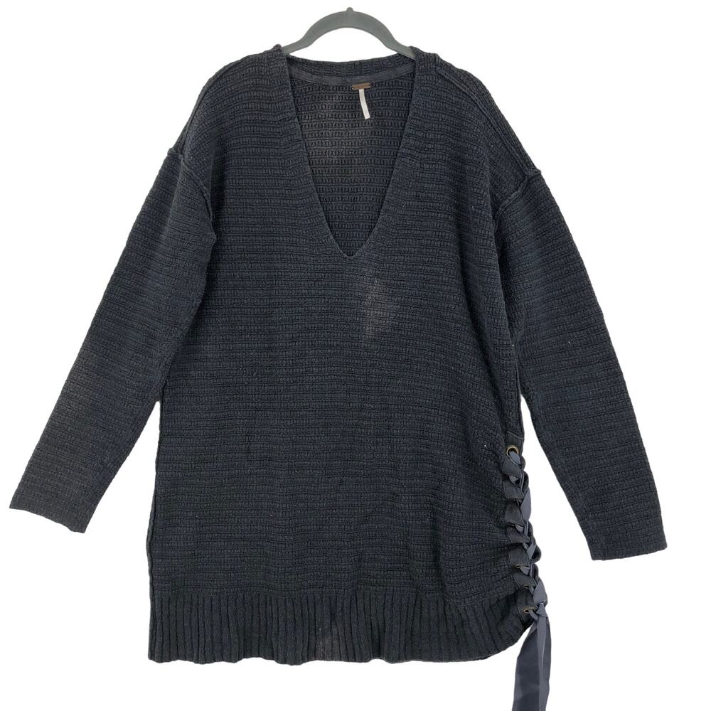 Free People Sweater Womens Medium Tunic Black Heart It Laces V Neck Chunky Knit